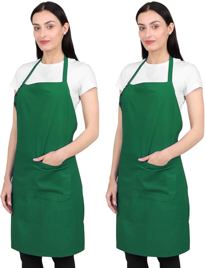 Kitchen Apron Waterdrop Resistant Cotton Apron 2 PACK with adjustable Aprons for Women with Pockets 9 Color option Cooking Green Apron (GREEN)