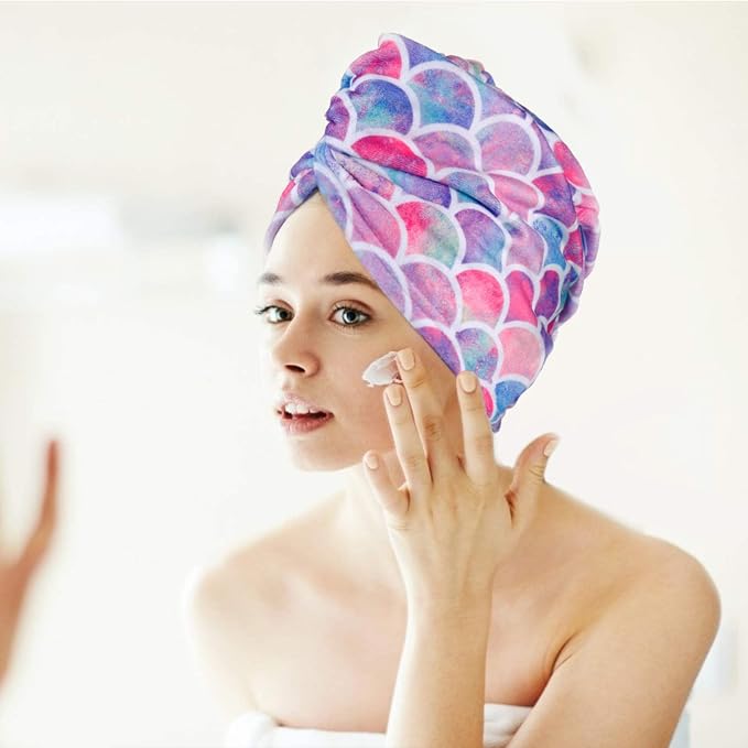 MADHOLLY Fast Drying Microfiber Hair Towel for Kids Women - 2 Packs Soft Super Absorbent Hair Towel Wrap with Button, Anti-Frizz Turban for Thicker Curly Long Hair, Mermaid Gift for Girls