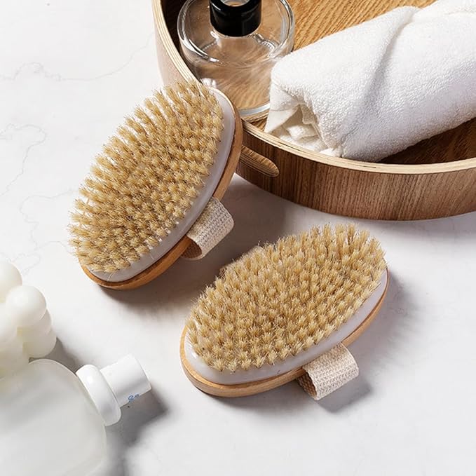 Natural Bristles Wooden Dry/Wet Body Brush, 5x2.8 Handheld Bath & Shower Body Exfoliating Brush Scrubber, Good for Lymphatic Drainage, Detox, Cellulite and Blood Circulation.