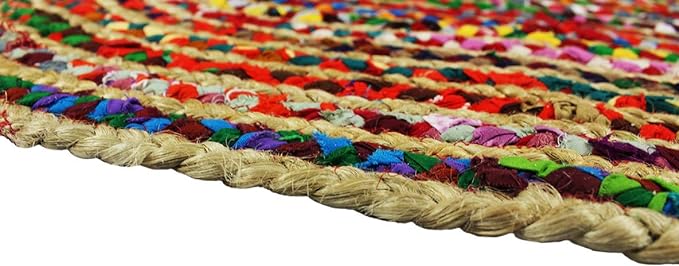 COTTON CRAFT Jute Chindi Braid Rag Rug - Boho Farmhouse Rustic Area Accent Throw Rug - Handwoven Reversible Natural Recycled Cotton- Living Room Den Study Home Décor Gift - 3' x 5' Oval - Multi Color