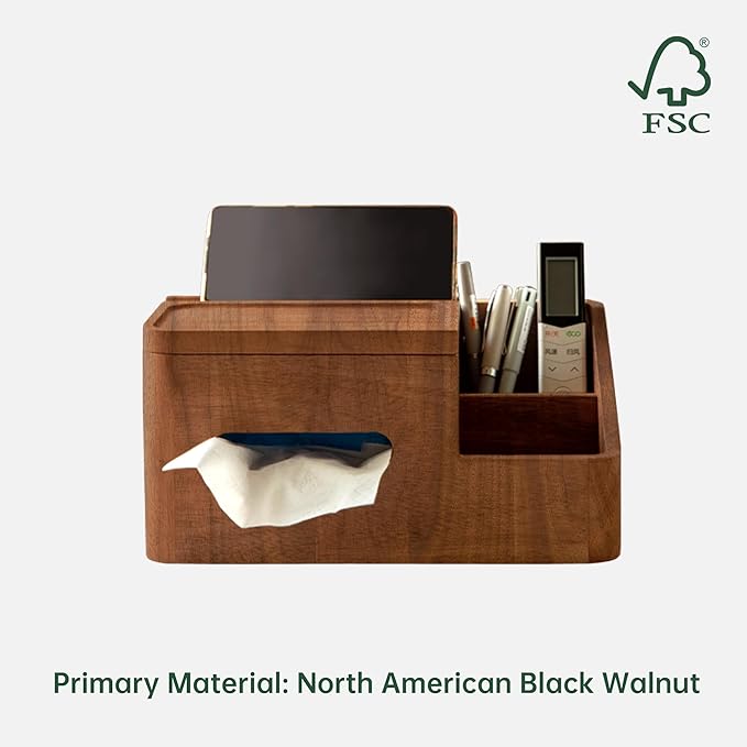YESWOOD Walnut Tissue Box Cover - Multifunctional Tissue Box Holder with Storage Tray, Minimalist Rectangle Tissue Box Cover for Living Room, Bedroom, Bathroom, Office.