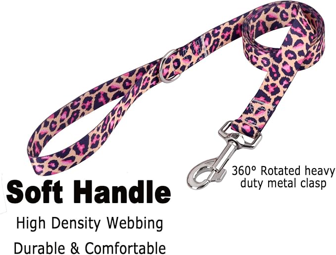 Mihqy Dog Collar and Leash Set with Bohemia Floral Tribal Geometric Patterns - Soft Ethnic Style Collar Adjustable for Small Medium Large Dogs(Pink Leopard Set,S)