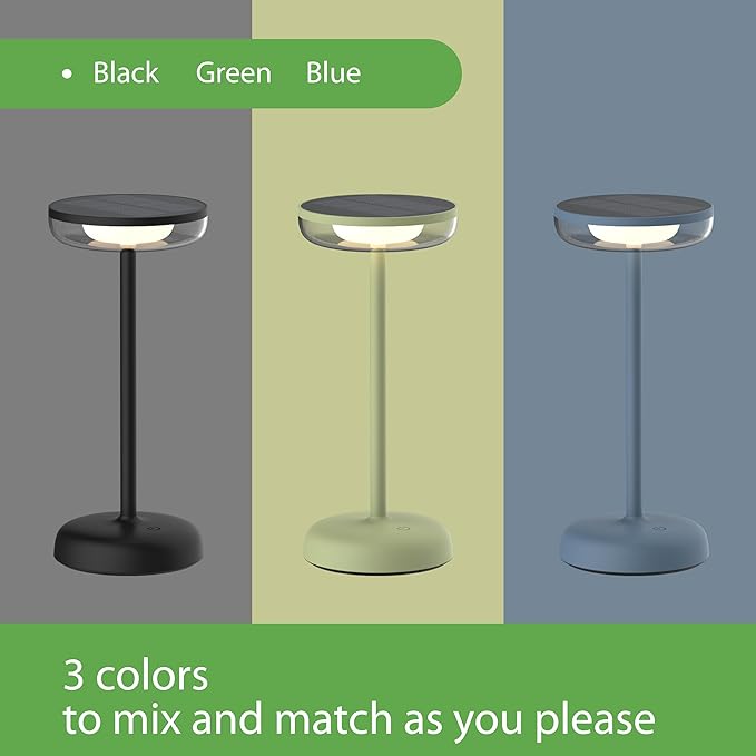 Cocktail Style Solar Table Lamp - Cordless LED Light with USB-C Charging, Dimmable Warm 2700K Glow, Weather Resistant for Indoor/Outdoor Use - Black, 1 Pack