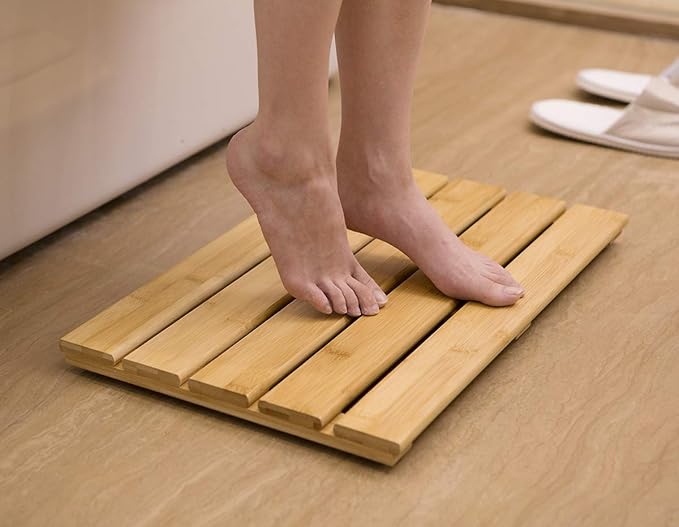 GOBAM Bamboo Bath Mat, Medium, 22.8 x 13 x 1.3 inches - Non-Slip Floor Mat for Bathroom, Spa, Sauna, Kitchen, Indoor & Outdoor Spaces, Shower Mat for Bathroom Decor - Natural