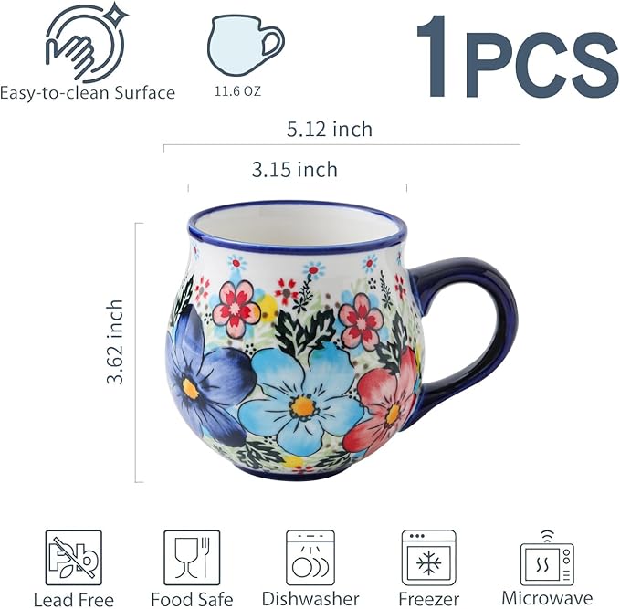 12 oz Ceramic Cup Hand-Painted Handmade Unique Floral Coffee Mug Artisan Coffee Cup Porcelain Mug for Tea Coffee Milk Microwave Dishwasher Safe, 1 pc, Premium Elegant Gift