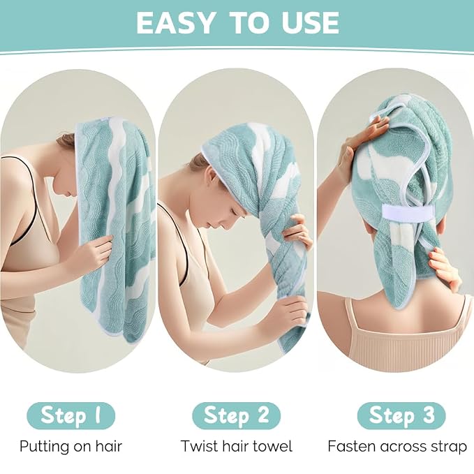 SUNLAND Microfiber Hair Towels Anti Frizz Hair Drying Towel Super Absorbent Fast Drying Turbans for Wet Curly Hair Soft Hair Towel Wrap with Elastic Band for All Hair Types 40 X 20 inches 2Pack