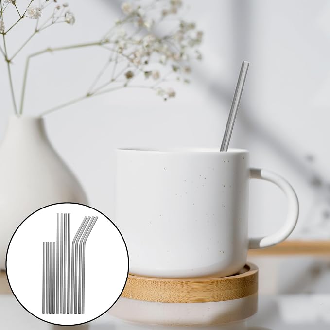 Tofficu Reusable Stainless Steel Straw Set with Cleaning Brush, 15pcs Metal Beverage Straws for Smoothies, Juice, Coffee, Eco-friendly Drinkware Kit for Home and Travel