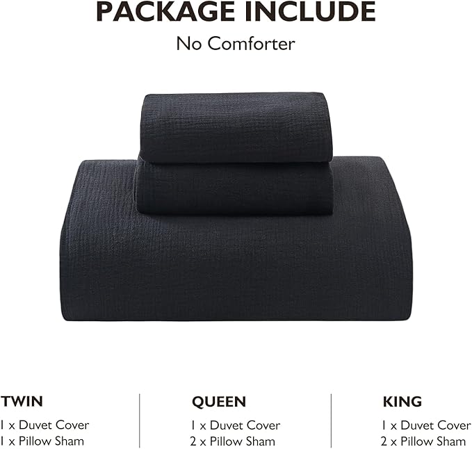 EMME Muslin Cotton Duvet Cover Set Black Queen Size Linen Like Soft Breathable Lightweight Summer Comforter Cover Set with Zipper Closure (Black, Queen, 90"x90")