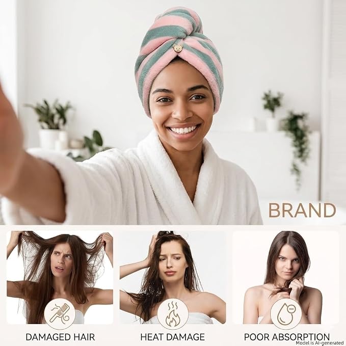 3 Pack Microfiber Hair Towel Wrap for Women, Fast Drying Hair Turban with Button, Anti-Frizz Large Hair Towel for All Hair Styles, Soft & Absorbent Hair Drying Towel