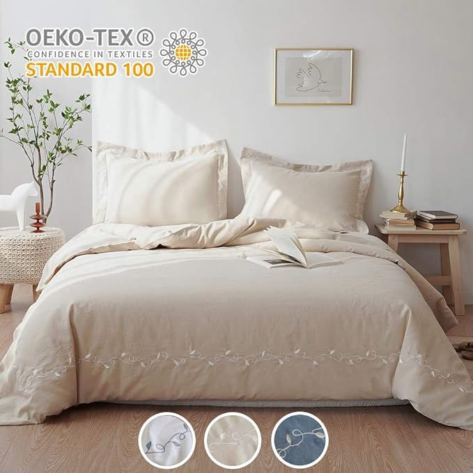 BISELINA French Linen Duvet Cover Set 3pcs Embroidered Willow Leaf 55% Flax 45% Cotton Blend Soft Breathable Luxury Bedding (King, Embroidery Linen)