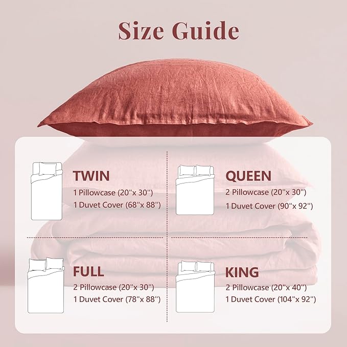 S VICTORY SYMBOL 100% Organic Linen Duvet Cover Set 3PCS King Size,Stone Washed Natural French Flax Bedding,1 Comforter Cover and 2 Pillowcases,Farmhouse Bedding Set(Clay)
