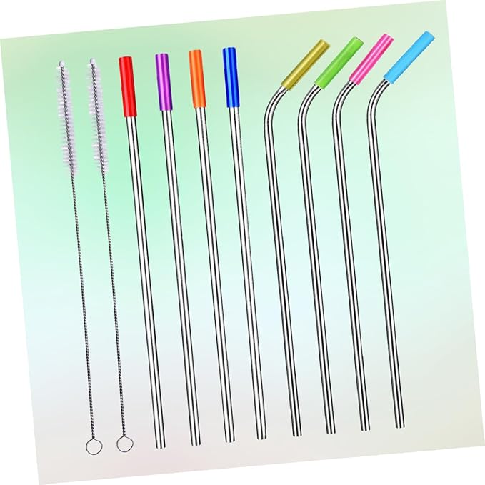 8-Piece 304 Stainless Steel Reusable Drinking Straws Set with Food-Grade Silicone Tips Curved and Straight Straws for Smoothies Cocktails and Juices