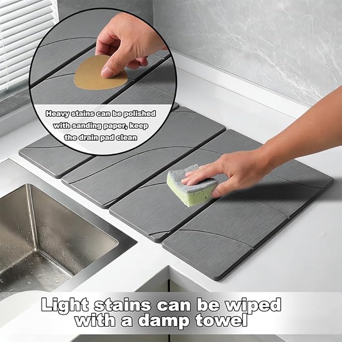 23.6"×15.7" Diatomaceous Earth Stone Dish Drying Mat, Foldable Super Absorbent Quick Dry Non-Slip Eco-Friendly Pad for Kitchen Counter, Dishes, Cups, Bottles & Utensils, Light Gray