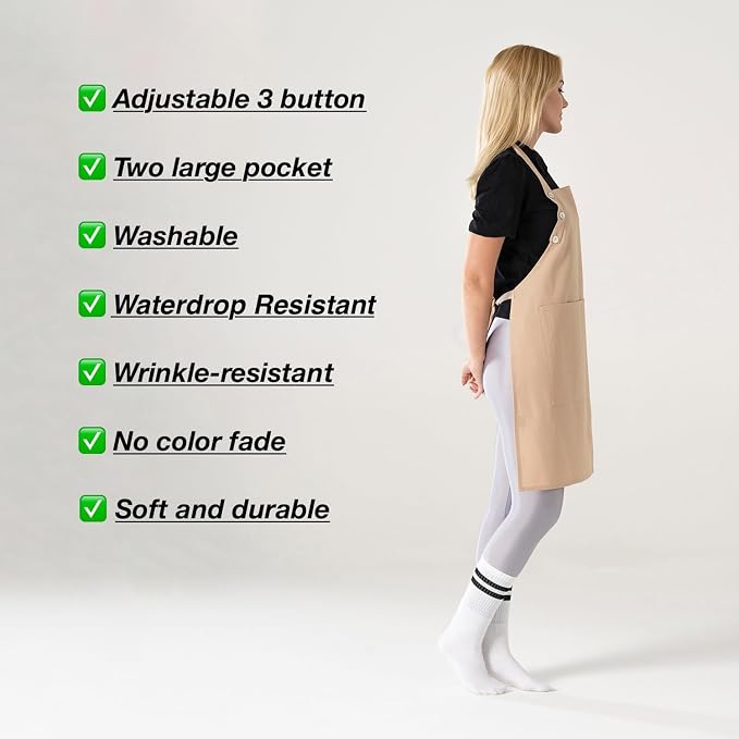 TOSHE Kitchen Apron Waterdrop Resistant Cotton Apron with adjustable Aprons for Women with Pockets 10 Color option Cooking Beige Apron(Beige)