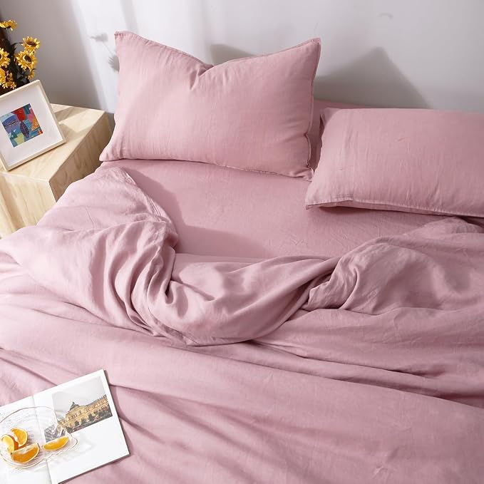 S VICTORY SYMBOL 100% Organic Linen Duvet Cover Set 3PCS King Size,Stone Washed Natural French Flax Bedding,1 Duvet Cover and 2 Pillowcases,Farmhouse Bedding Set(Pink Lavender)