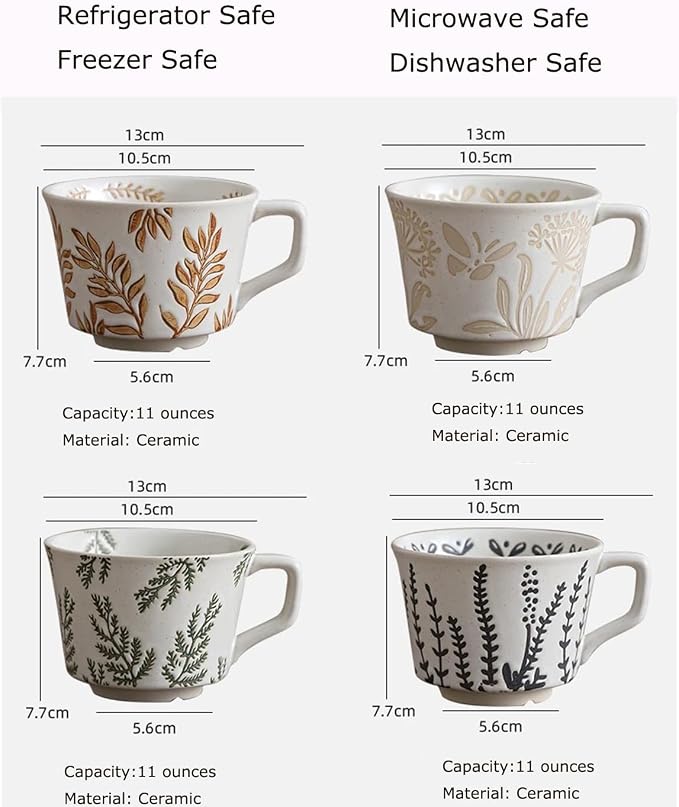 4 Pack 12oz Speckled Stoneware Coffee Mugs, Vintage Black Seaweed Botanical Ceramic Tea Cups, Rustic Hand Drawn Floral Drinking Mugs, Microwave Dishwasher Safe, Gift Set for Coffee Lovers