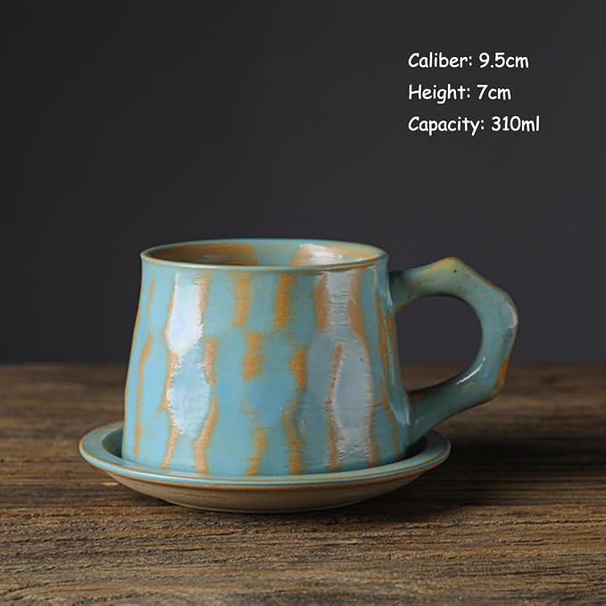 Vintage Faceted Speckled Ceramic Coffee Mug with Saucer, Rustic Stoneware Cup for Tea Latte (YF-CS08)