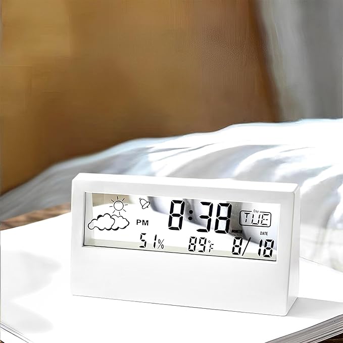 Digital Alarm Clock,Transparent Modern Design, Temperature, Humidity, Snooze, Aesthetic Home & Office Decor, Battery Operated Desk Clock for Office,Living Room,Shelf, Bedroom, White