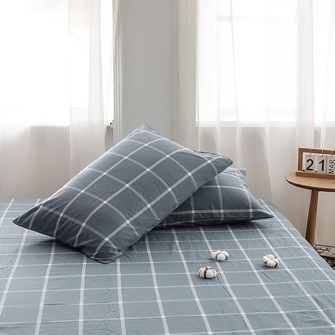 FACE TWO FACE Bedding Duvet Cover Set 3 Pieces 100% Washed Cotton Duvet Cover Linen Like Textured Breathable Durable Soft Comfy (King, Grey Green Grid)