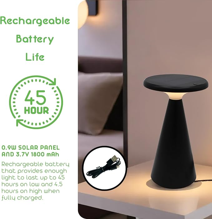 Portable Solar Powered Mushroom LED Table Lamp - Indoor/Outdoor Use - Stepless Dimming - Up to 45 Hour Rechargeable Battery - 1.6W, 160 lumens, 2700K - IP44 Weather Resistant - Black