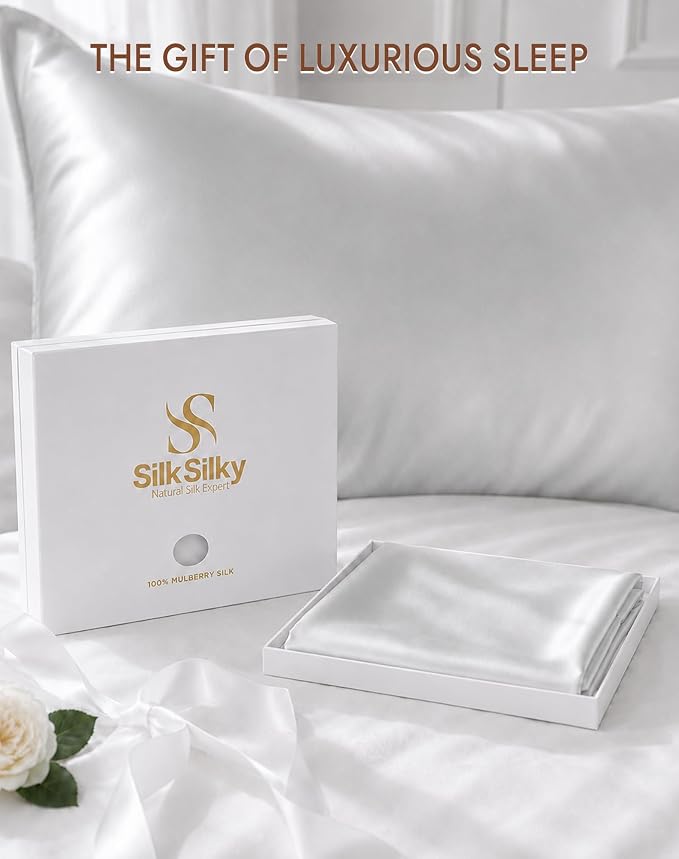 SilkSilky 100% Pure Organic Mulberry Silk Pillowcase for Hair & Skin, Both Sides Grade 6A Pillow Cases with Hidden Zipper, Breathable Cooling Silk for Beauty Sleep (Standard 20''x26'', Silver)
