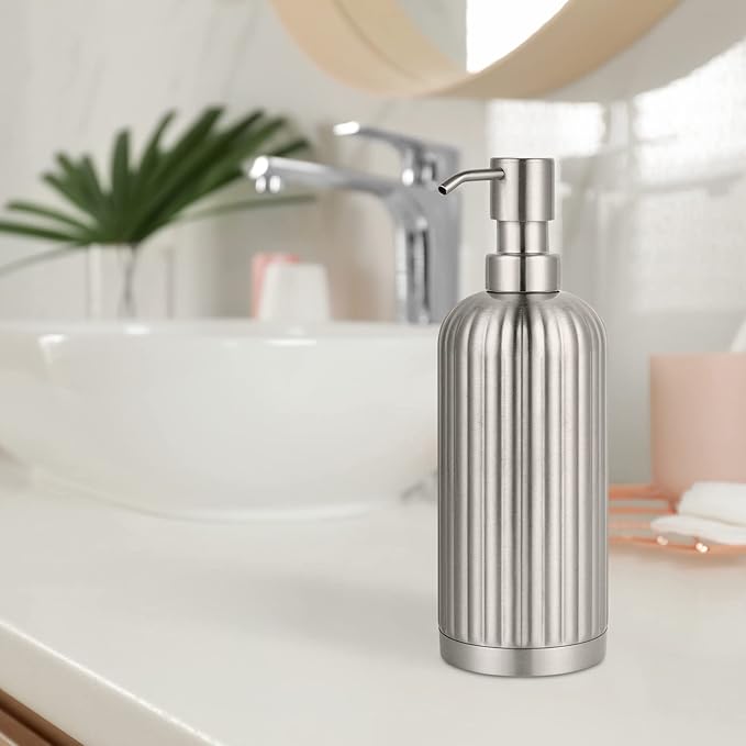 Countertop Soap Dispenser - Rust-Proof Roman Column Shaped Stainless Steel Bottle with Pump for Bathroom and Kitchen - 18 oz Brushed Nickel Liquid and Lotion Dish Soap Dispenser