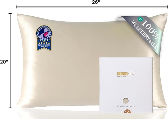ZIMASILK 100% Pure Mulberry Silk Pillowcase for Hair and Skin Health,Soft and Smooth,Both Sides Premium Grade 6A Silk,600 Thread Count,with Hidden Zipper,1pc(Standard 20''x26'',Beige)