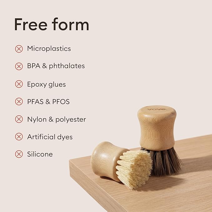 Vove Bamboo Dish Scrub Brush Set with Ceramic Holder, 3-Pack Plastic-Free Kitchen Brushes for Dishes Pots and Pans, FSC-Certified Bamboo with Natural Sisal Bristles, 1 Hard and 1 Medium Brush
