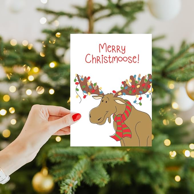 Tree-Free Greetings - Season's Greeting Cards - Artful Designs - 10 Cards + Matching Envelopes - Made in USA - 100% Recycled Paper - 5 x 7 - Merry Christmoose (HB30409)