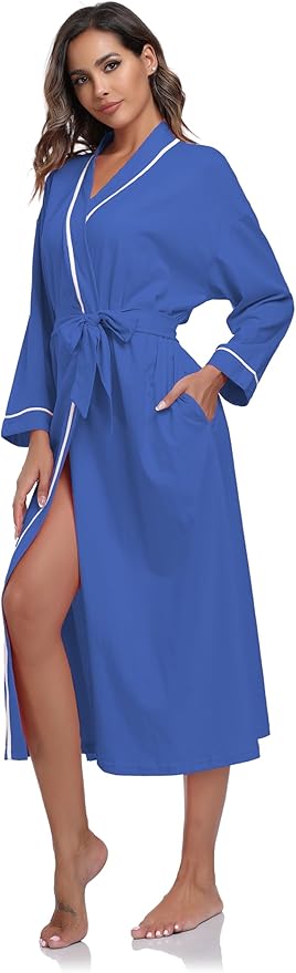 COLORFULLEAF 100% Cotton Women's Robes Summer Lightweight Kimono Soft Long Cotton Bathrobe for Women with Pockets