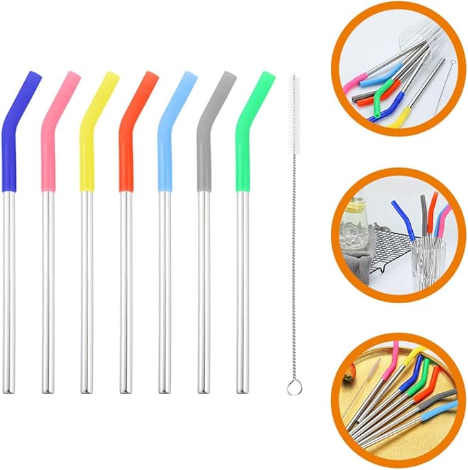 ABOOFAN Stainless Steel Drinking Straws with Silicone Tips and Cleaning Brush, 8pcs Mixed Color Reusable Beverage Straws Set for Party Drinks and Smoothies