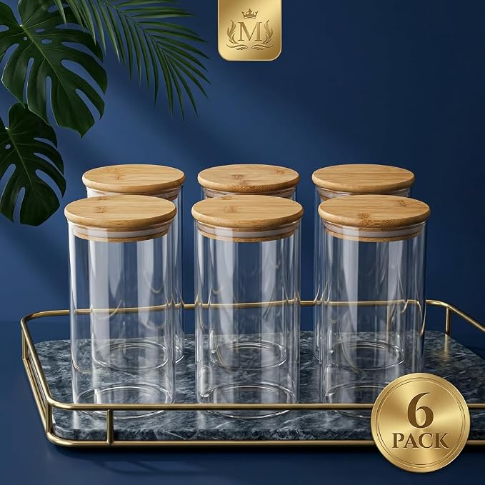 24oz 6-Pack Borosilicate Glass Jars with Airtight Wooden Lids, Clear Food Storage Containers, Kitchen Pantry Canisters for Tea, Flour, Candy, Grain, Microwave & Freezer Safe