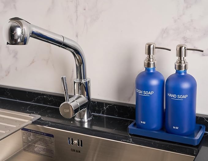 Navy Blue Soap Dispenser Set, Glass Soap Dispenser with Stainless Steel Pump & Tray, Farmhouse Hand Soap Dispenser & Dish Soap Dispenser for Bathroom Kitchen Sink(2 Blue)