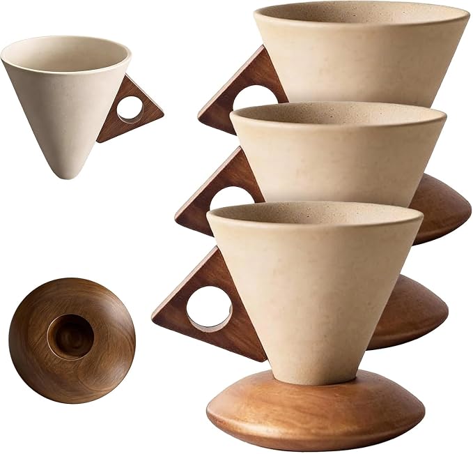 Conical Coffee Cup Vintage Ceramic Mug With Solid Wood Handle & Coaster - Reusable Heat-Resistant Cups Set for Home Office Coffee Tea