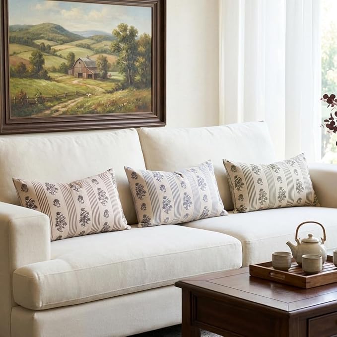 Amor Virisso Floral Throw Pillow Covers 12 x 20 Set of 2 Block Print Pillow Covers Neutral Floral Striped Farmhouse Decorative Pillow Covers for Sofa Couch Bed, Brown