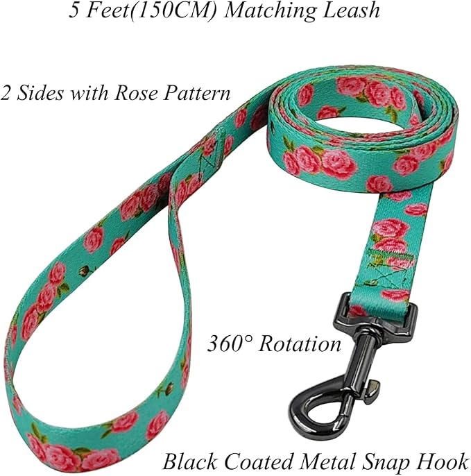 Dog Collar Leash Set, Floral Pattern, Polyester Material, Adjustable Collar and 5ft Matching Leash, for Medium Dogs.(M, Green Rose)