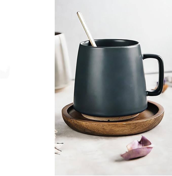 Ceramic Coffee and Tea Cup with Natural Acacia Wood Saucer (8 Oz), Best for Latte, Cappuccino, Tea or Espresso. Unglazed Porcelain Arty Mug (Blue)