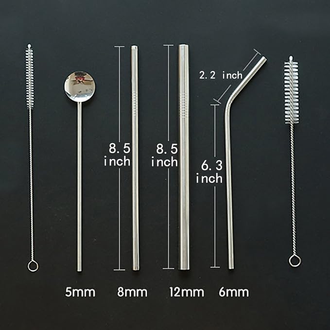 Stainless Steel Straws Spoon Drinking Straws Reusable Set of 6 Bent and Straight Cleaning Brush Included