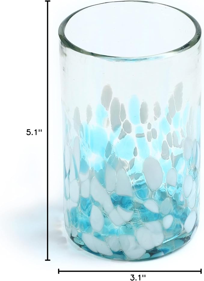 15 oz Hand Blown Mexican Drinking Glasses - Set of 6 tumblers, 15 fl oz each, Ocean Blue Confetti