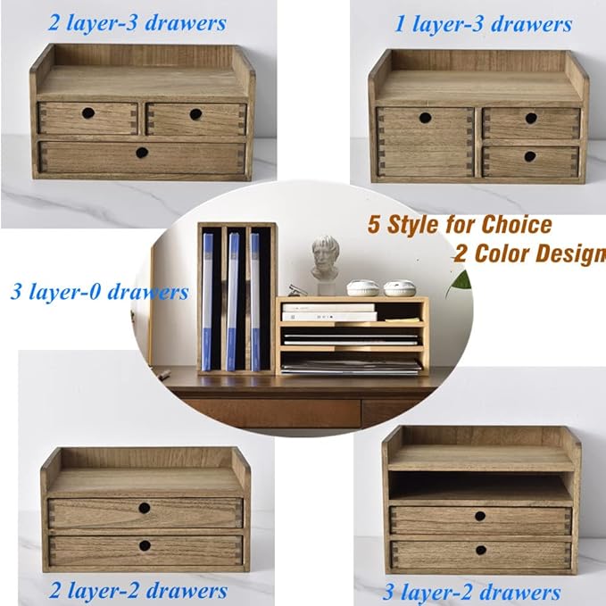 KIRIGEN Desk Organizer with 3 Drawers - Wood Drawer Storage Box with Trays for Tabletop - Workspace Office Toiletries Supplies Tool Caddy - Wooden Storage Cabinet1 Layer Dark Brown(DT1D3C-DBR)
