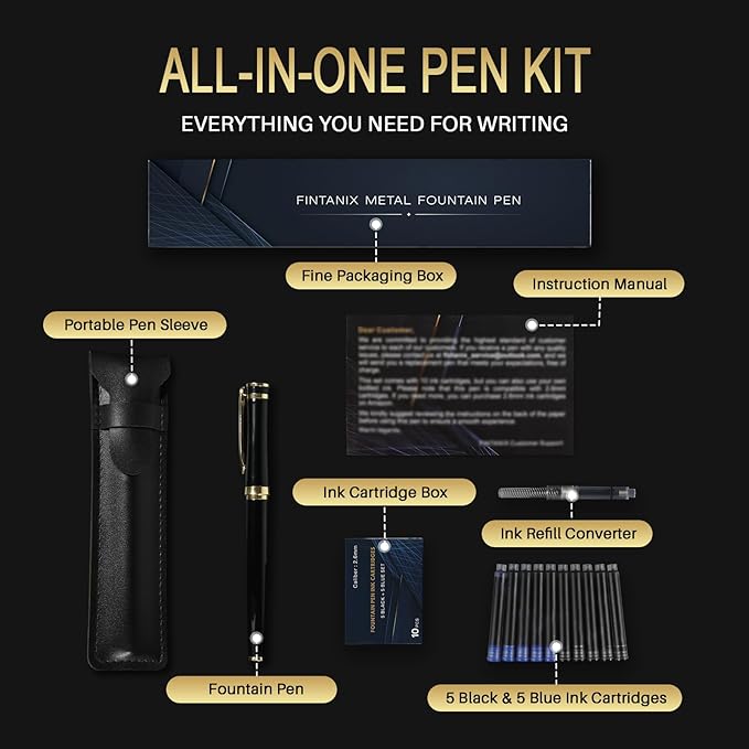 Fountain Pen with Medium Nib | Luxury Black Finish, Smooth Ink Flow, Complete Set with Ink Cartridges, Converter & Sleeve | Ideal for Professionals, Office, Journaling, and Gifts