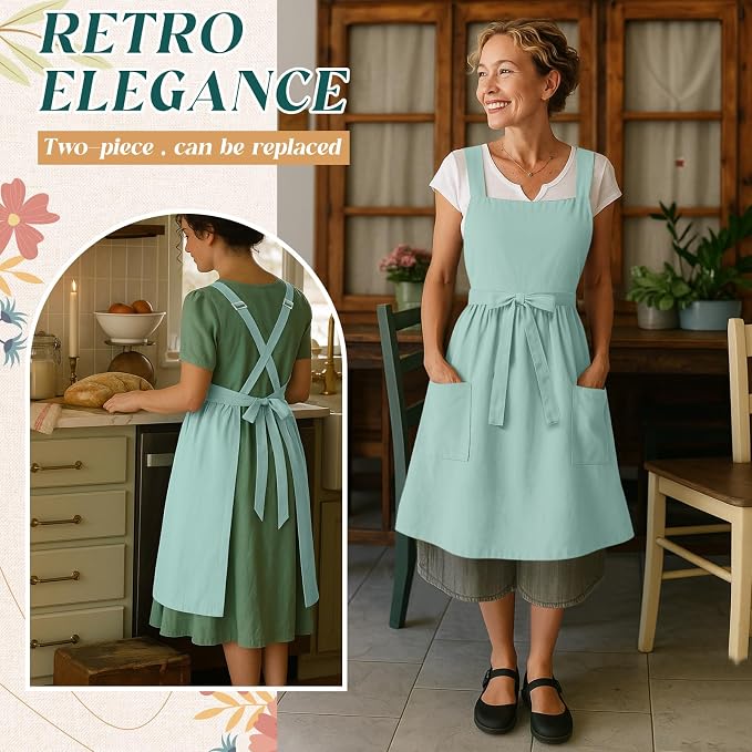 100% Cotton Aprons with Pockets Pinafore Dress for Women Vintage Cute Aprons for Kitchen Baking Gardening Painting