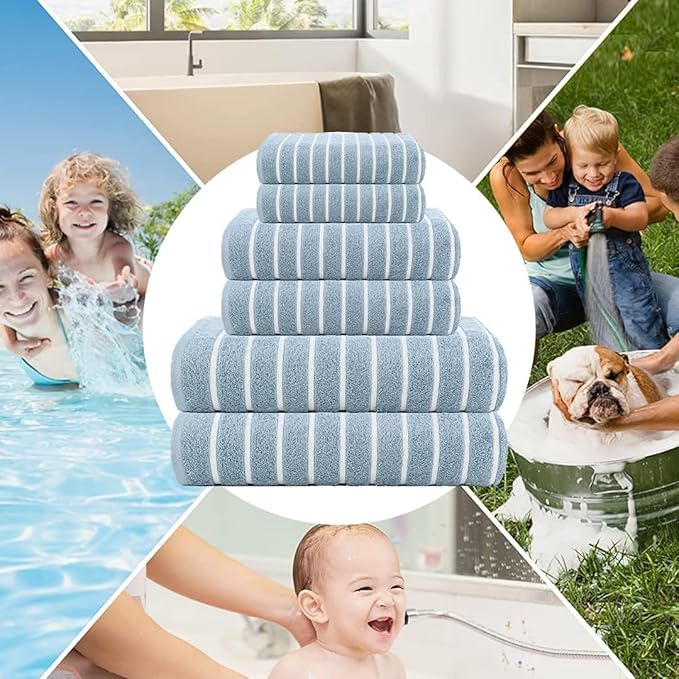 CASA COPENHAGEN Ecstatic 6Pcs 100% Egyptian Cotton Large Designer Towels Gift Set- Dusty Blue, 600GSM, 2Bath 2Hand 2Washcloths, Bath Towels for Bathroom Set for Women & Men