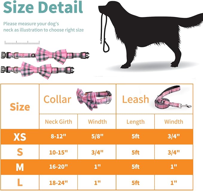 IVY&LANE Dog Collar with Bowtie and Leash Set | Plaid Adjustable Dog Collar | Detachable Bow Tie |5 FT Dog Leash | for Small Medium Large Dogs | Checkered Pink | Small