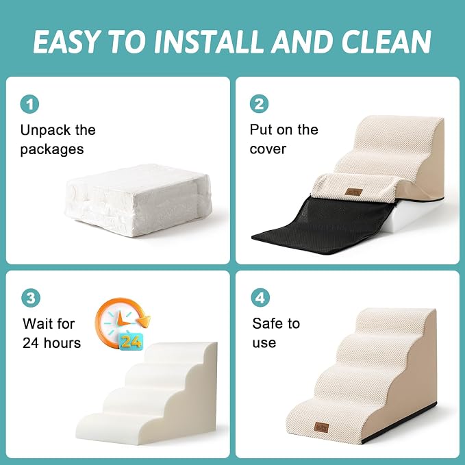 COZY KISS Dog Stairs for Small Dogs 11.8" H, Curved Dog Step for Puppy, Older Cat, Medium Pet Ramp for Sofa, Couch or Chair, Ladder with High Density Foam, 2 Step, Beige