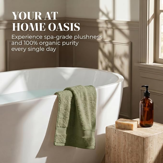 6 Piece Organic Cotton Luxury Bath Towel Set, 700 GSM Plush Long-Staple Bath Hand Wash Bundle, Soft Absorbent Quick-Dry Bathroom Towels, GOTS & Oeko-TEX Certified Hotel Spa Quality – Sage Green