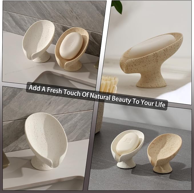 Soap Dish, 2 PCS Self Draining Bar Soap Holders, Leaf Shape, Cream | Resin, Travertine Stone Look, Modern, Keeps Bar Soap Dry, Decorative Soap Saver for Bathroom Countertop Kitchen Sink Bathtub