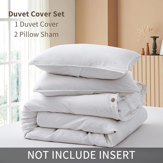 ATLINIA 100% Flax Linen Duvet Cover Set - Stone Washed Pure French Linen Organic Fabric for Farmhouse Comforter Boho Bedding Included 1 Duvet Cover 2 Pillow Shams(White, California King)