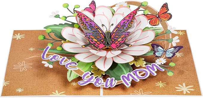 Paper Love Frndly 3D Pop Up Mother's Day Card, Love You Mom Butterfly, Handcrafted - 100% Recycled and Eco-Friendly, 8" x 6" Cover - with Note Tag