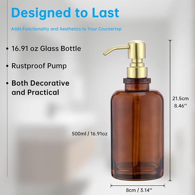 Amber Soap Dispenser Glass Bottle with Brushed Gold Pump, 17 OZ Liquid Soap Dispenser Cylindrical with Stainless Steel Pump for Dish Hand Soap Bathroom Kitchen Vanity Countertop